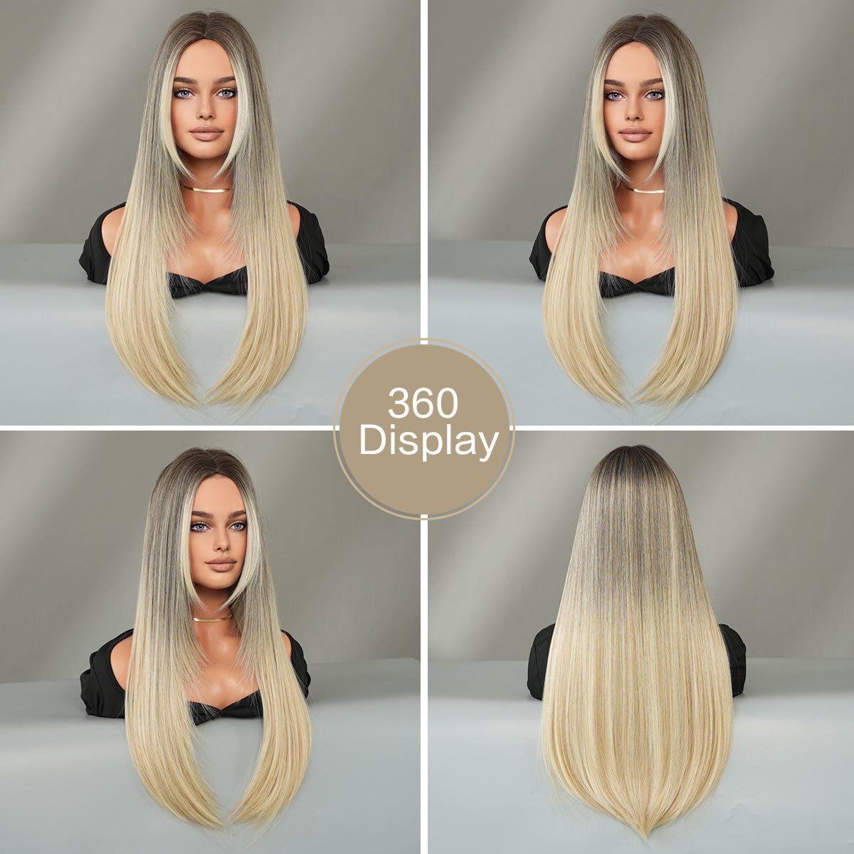 Premium Long Straight Golden Gray Wig With Middle Parting