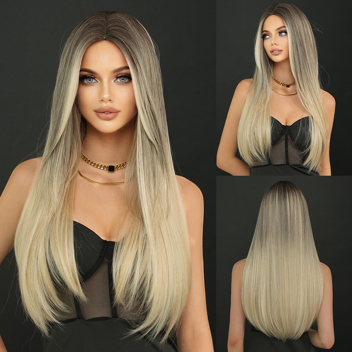 Premium Long Straight Golden Gray Wig With Middle Parting