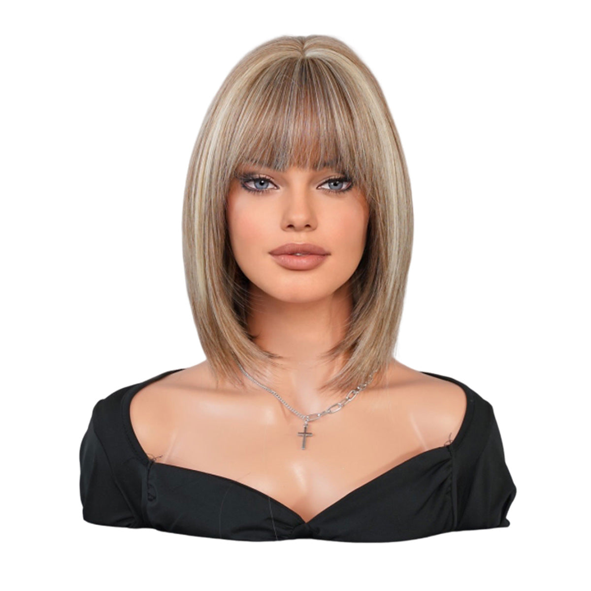 Short Bob Wig with Full Bangs – Tea Brown Highlighted