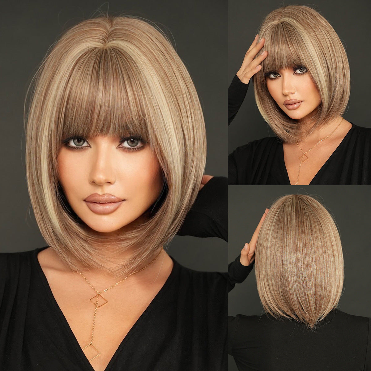 Short Bob Wig with Full Bangs – Tea Brown Highlighted