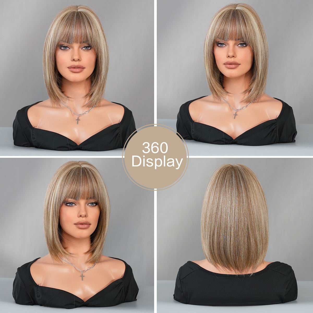 Short Bob Wig with Full Bangs – Tea Brown Highlighted