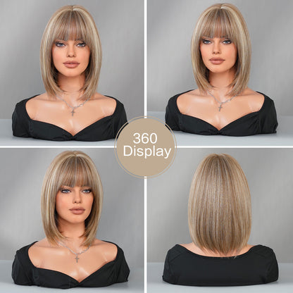 Short Bob Wig with Full Bangs – Tea Brown Highlighted