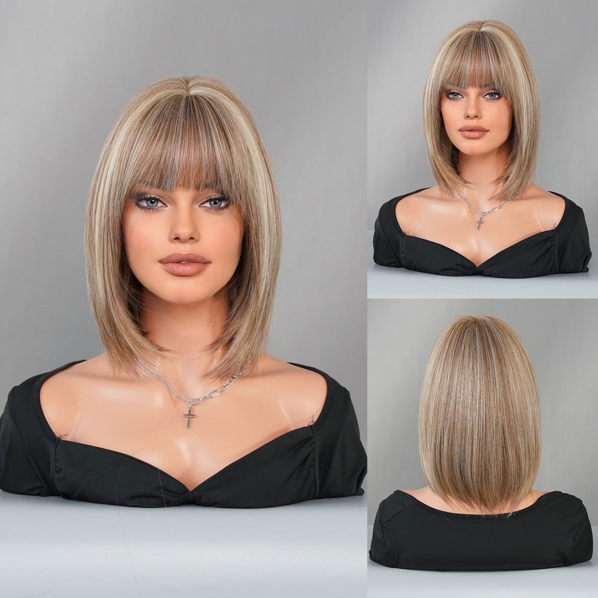 Short Bob Wig with Full Bangs – Tea Brown Highlighted