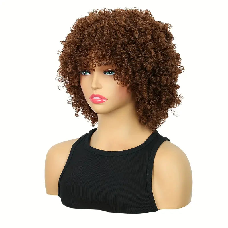 Short Brown Afro Wig with Bangs - Synthetic Hair