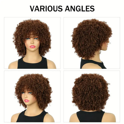 Short Brown Afro Wig with Bangs - Synthetic Hair