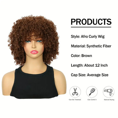 Short Brown Afro Wig with Bangs - Synthetic Hair