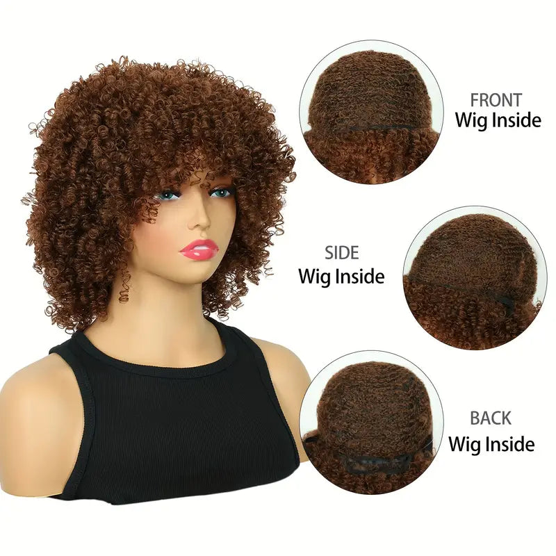 Short Brown Afro Wig with Bangs - Synthetic Hair