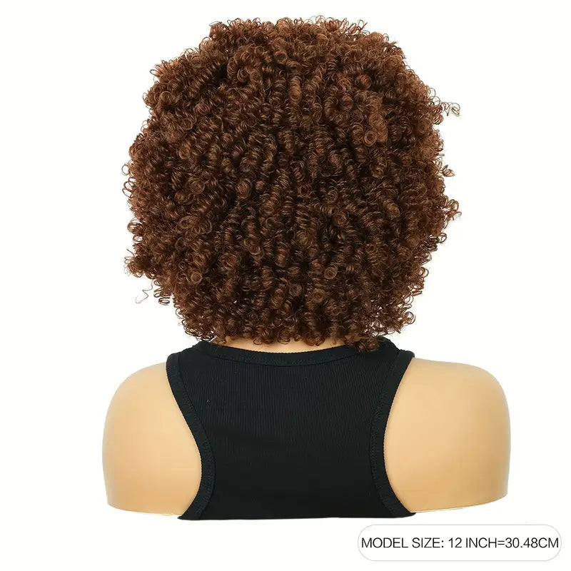 Short Brown Afro Wig with Bangs - Synthetic Hair