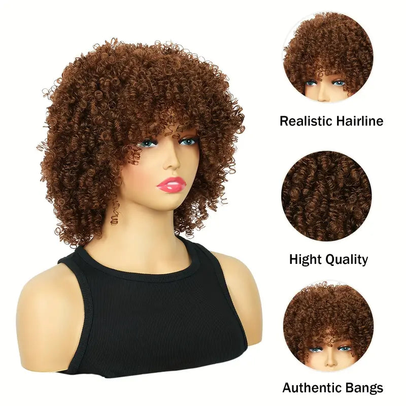 Short Brown Afro Wig with Bangs - Synthetic Hair