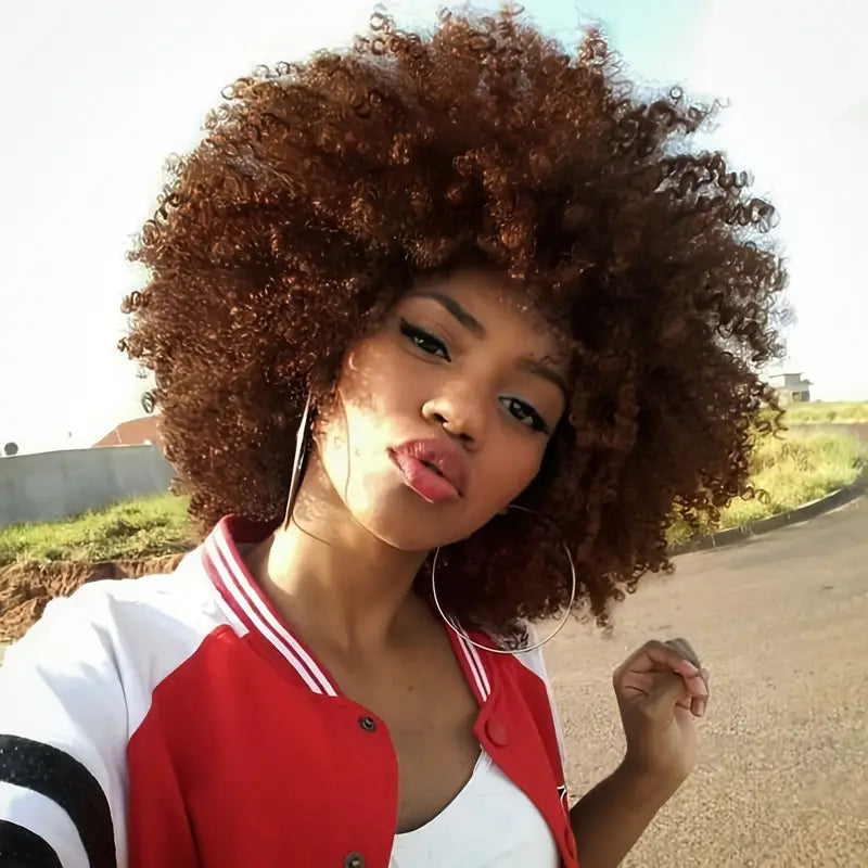 Short Brown Afro Wig with Bangs - Synthetic Hair