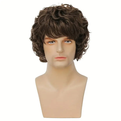 Short Brown Curly Wig with Bangs for Men - Perfect for Halloween and Cosplay