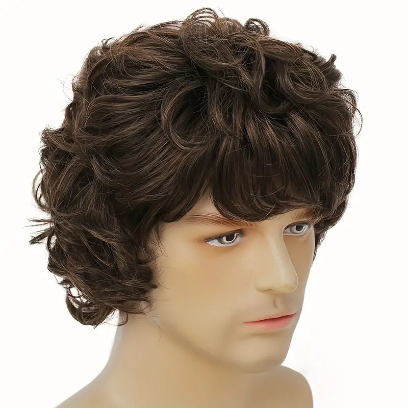 Short Brown Curly Wig with Bangs for Men - Perfect for Halloween and Cosplay