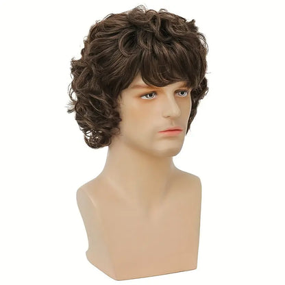 Short Brown Curly Wig with Bangs for Men - Perfect for Halloween and Cosplay