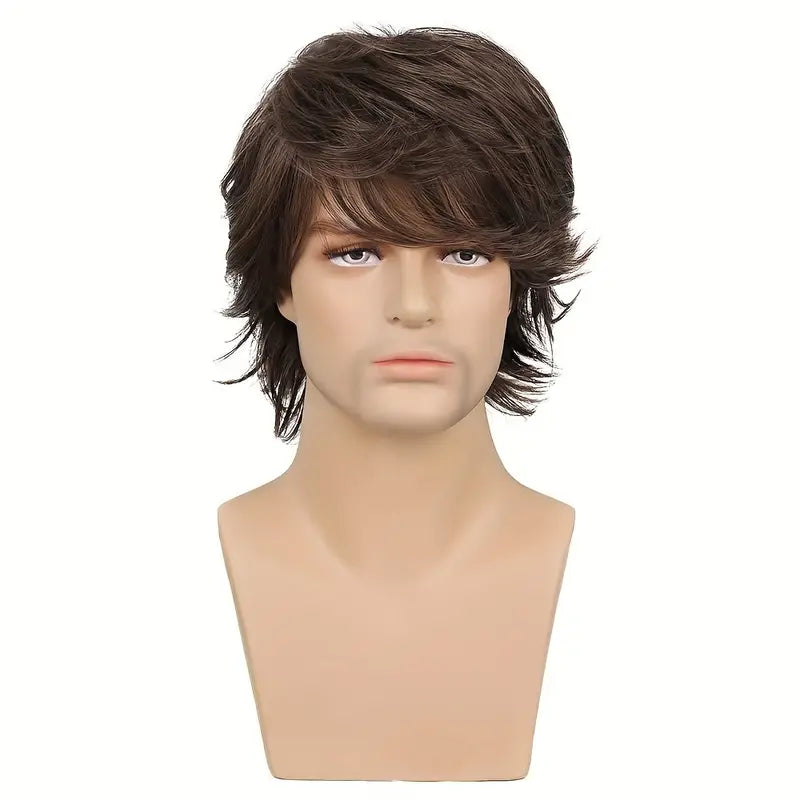 Short Brown Wig for Men - Layered Fluffy Synthetic Hair