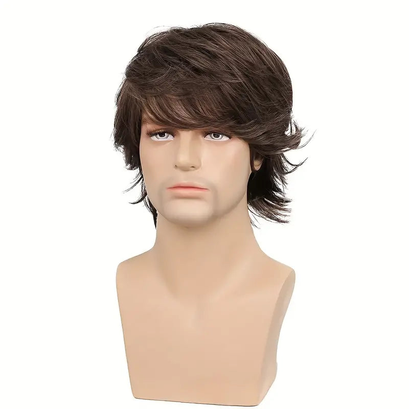 Short Brown Wig for Men - Layered Fluffy Synthetic Hair