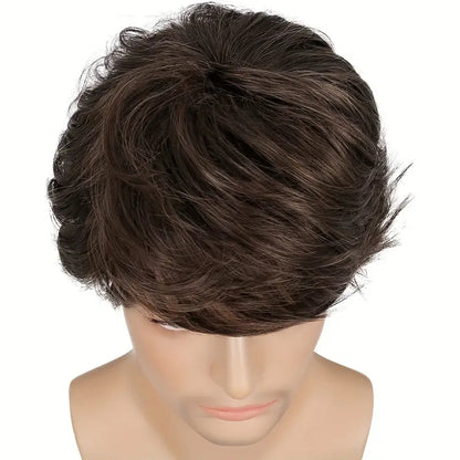 Short Brown Wig for Men - Layered Fluffy Synthetic Hair