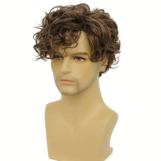 Short Brown Wigs for Men - Curly, Layered, Side Part Hair