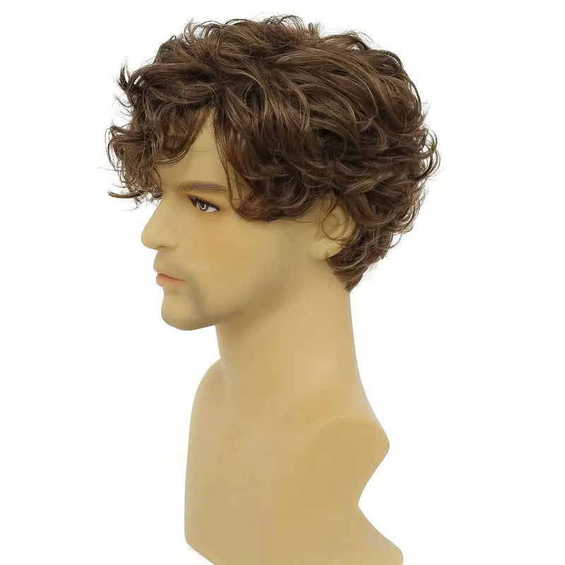 Short Brown Wigs for Men - Curly, Layered, Side Part Hair