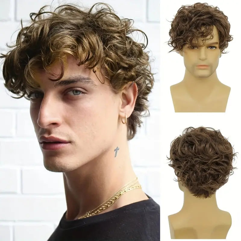 Short Brown Wigs for Men - Curly, Layered, Side Part Hair