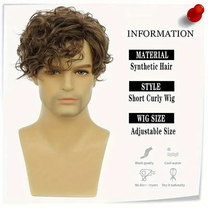 Short Brown Wigs for Men - Curly, Layered, Side Part Hair