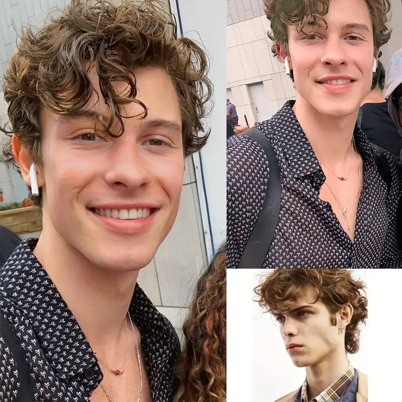 Short Brown Wigs for Men - Curly, Layered, Side Part Hair