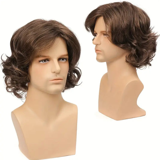 Short Layered Curly Wavy Brown Male Wig