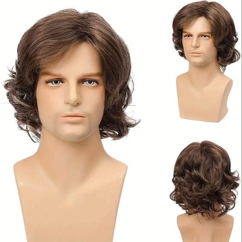 Short Layered Curly Wavy Brown Male Wig