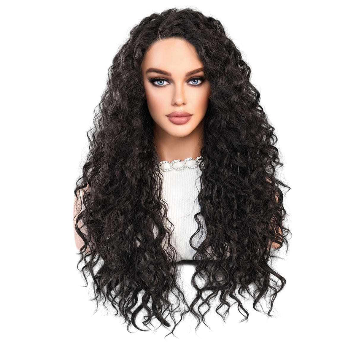 Small Cross Lace Wig – Long Brown Water Wave, Curly, Middle Part