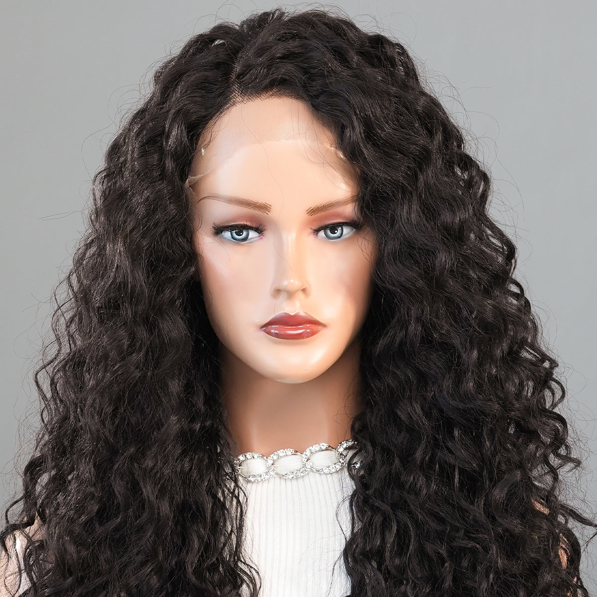 Small Cross Lace Wig – Long Brown Water Wave, Curly, Middle Part