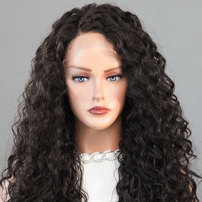 Small Cross Lace Wig – Long Brown Water Wave, Curly, Middle Part