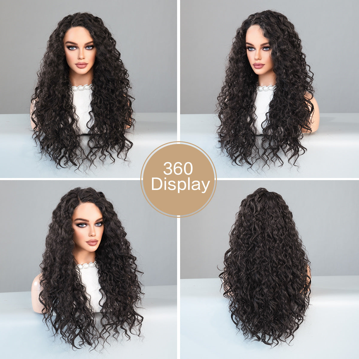 Small Cross Lace Wig – Long Brown Water Wave, Curly, Middle Part