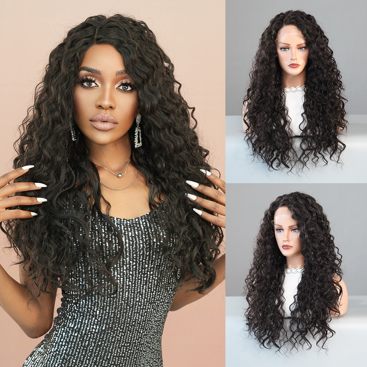 Small Cross Lace Wig – Long Brown Water Wave, Curly, Middle Part