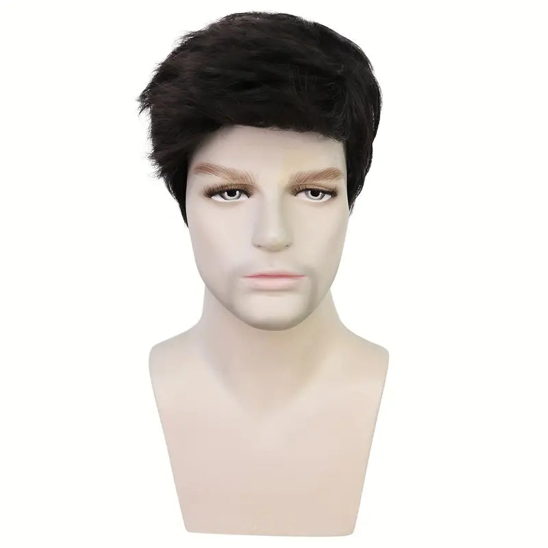 Straight Synthetic Black Wig for Men: Heat-Resistant, Realistic Pixie Cut with Bangs