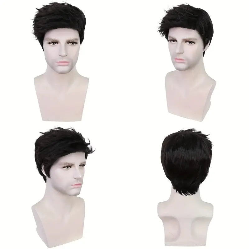 Straight Synthetic Black Wig for Men: Heat-Resistant, Realistic Pixie Cut with Bangs