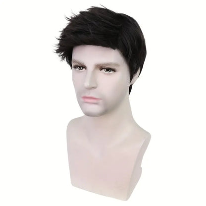 Straight Synthetic Black Wig for Men: Heat-Resistant, Realistic Pixie Cut with Bangs