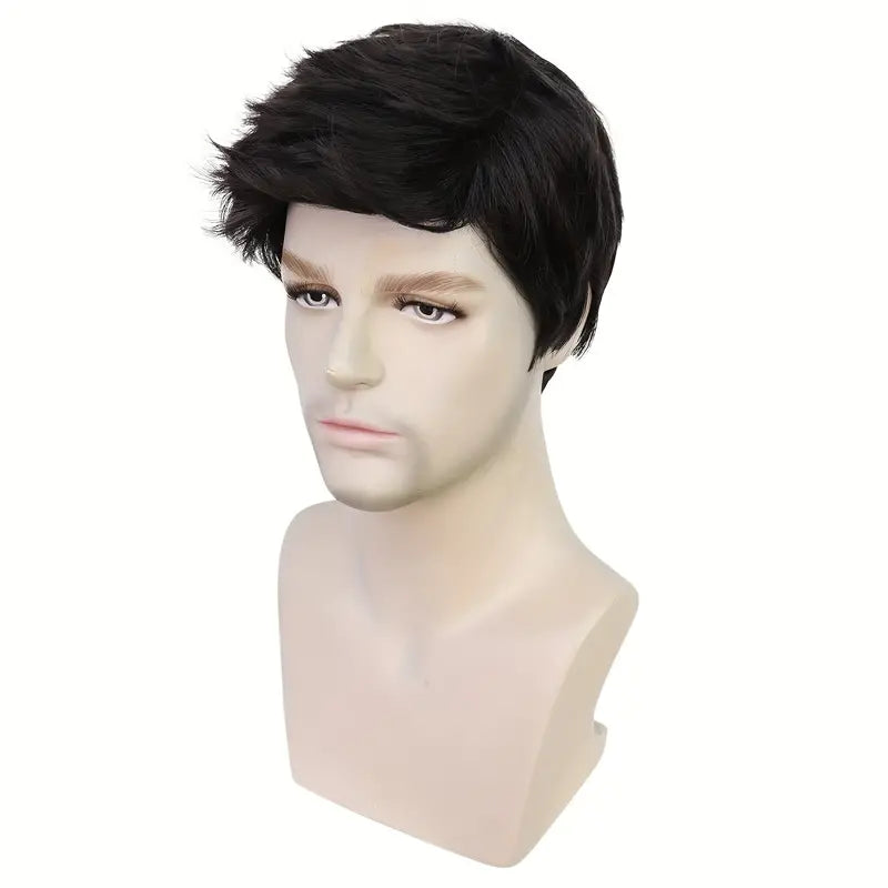 Straight Synthetic Black Wig for Men: Heat-Resistant, Realistic Pixie Cut with Bangs