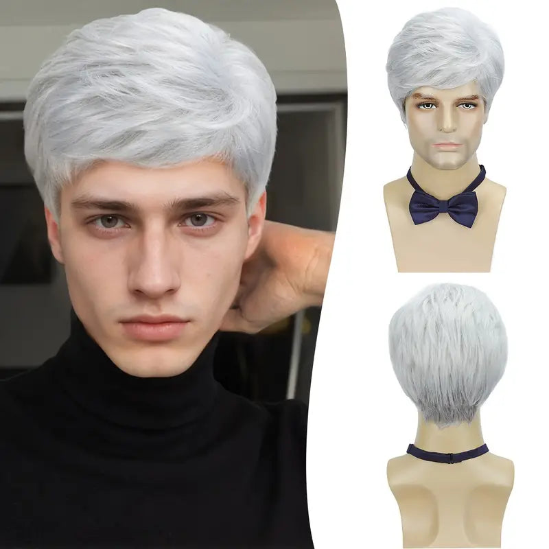 Stylish Men's Silvery Wig - Short Straight Synthetic Hair