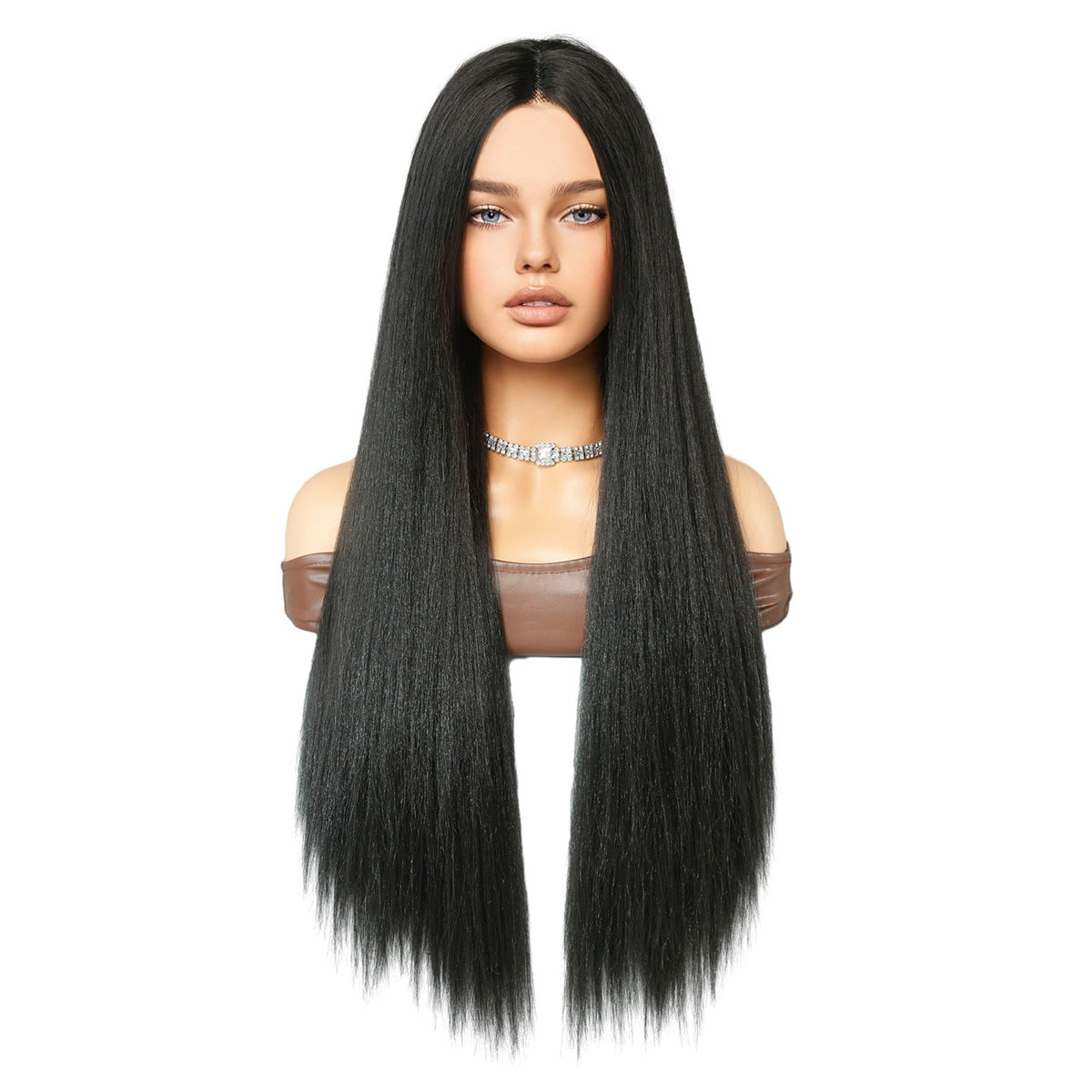 T-Part Lace Yaki Wig – Natural Black Straight Long Synthetic Hair