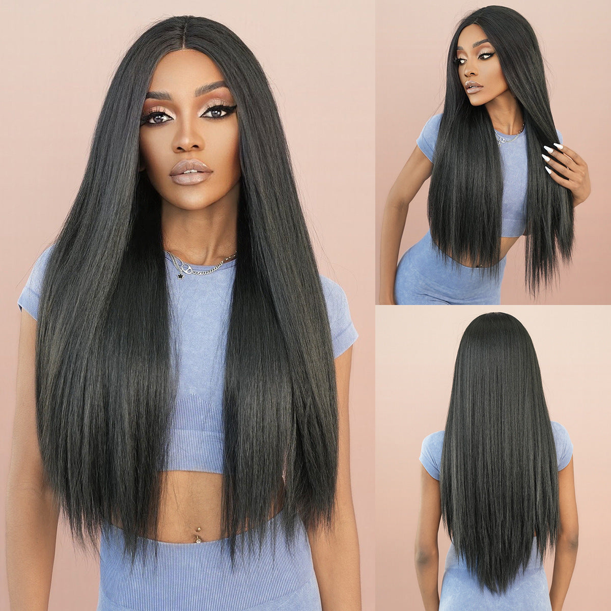 T-Part Lace Yaki Wig – Natural Black Straight Long Synthetic Hair