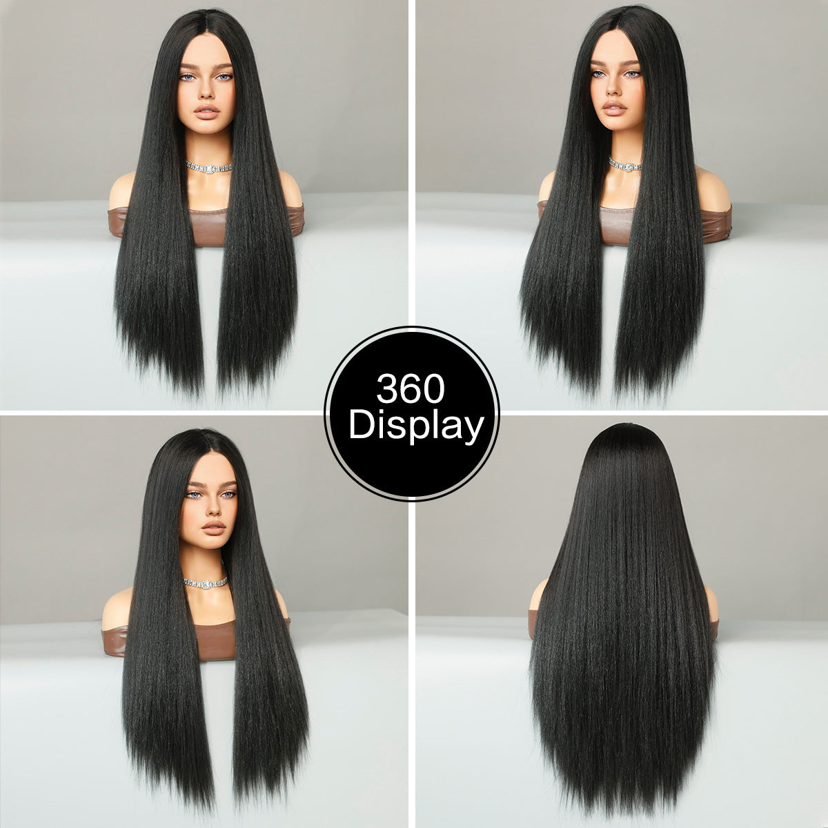 T-Part Lace Yaki Wig – Natural Black Straight Long Synthetic Hair