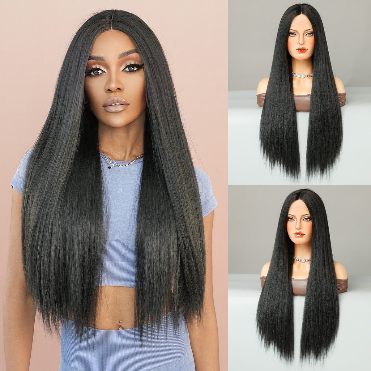 T-Part Lace Yaki Wig – Natural Black Straight Long Synthetic Hair