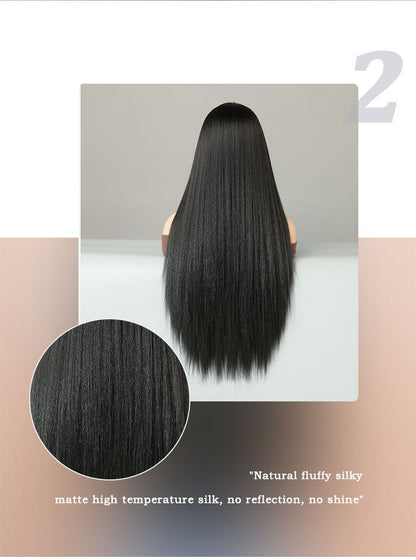 T-Part Lace Yaki Wig – Natural Black Straight Long Synthetic Hair