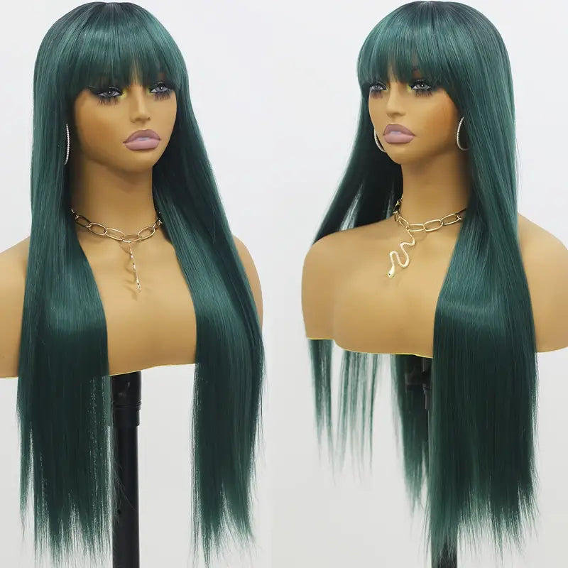 Vibrant Green Ombre Wig with Bangs