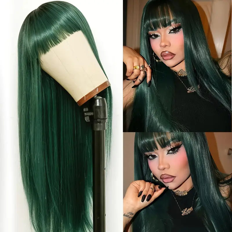 Vibrant Green Ombre Wig with Bangs