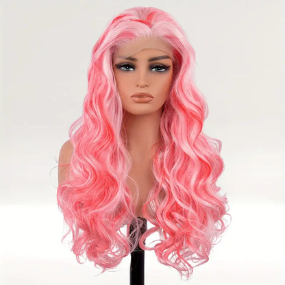 Vibrant Pink Wavy Lace Front Synthetic Wig - Light Pink & Red Mixed Hair Wigs for Women