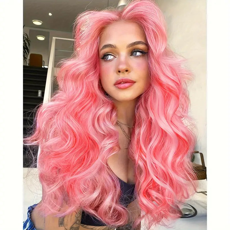 Vibrant Pink Wavy Lace Front Synthetic Wig - Light Pink & Red Mixed Hair Wigs for Women