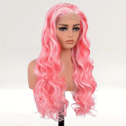 Vibrant Pink Wavy Lace Front Synthetic Wig - Light Pink & Red Mixed Hair Wigs for Women