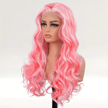 Vibrant Pink Wavy Lace Front Synthetic Wig - Light Pink & Red Mixed Hair Wigs for Women