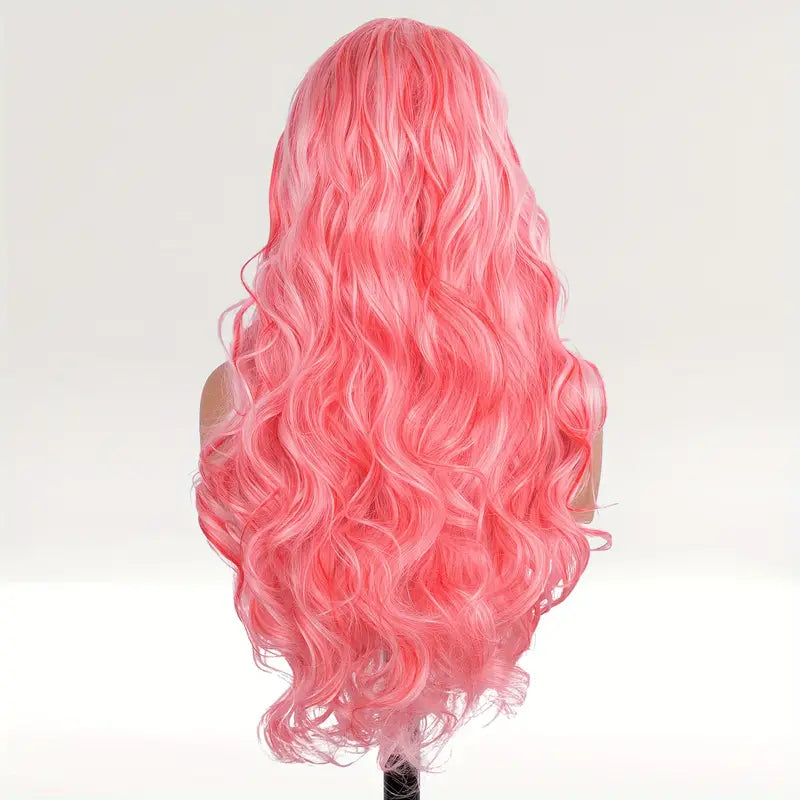 Vibrant Pink Wavy Lace Front Synthetic Wig - Light Pink & Red Mixed Hair Wigs for Women