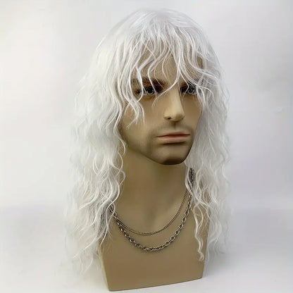 White Long Wave Curly Rocker Wig for Men - Perfect for Parties, Halloween, and Music Festivals